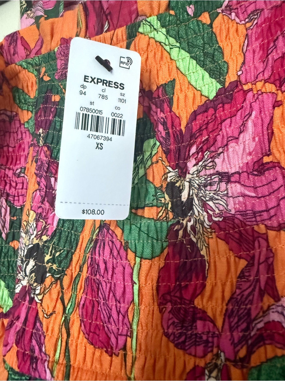 Express Vibrant Flowy Floral Smocked Dress in Orange, Pink & Green